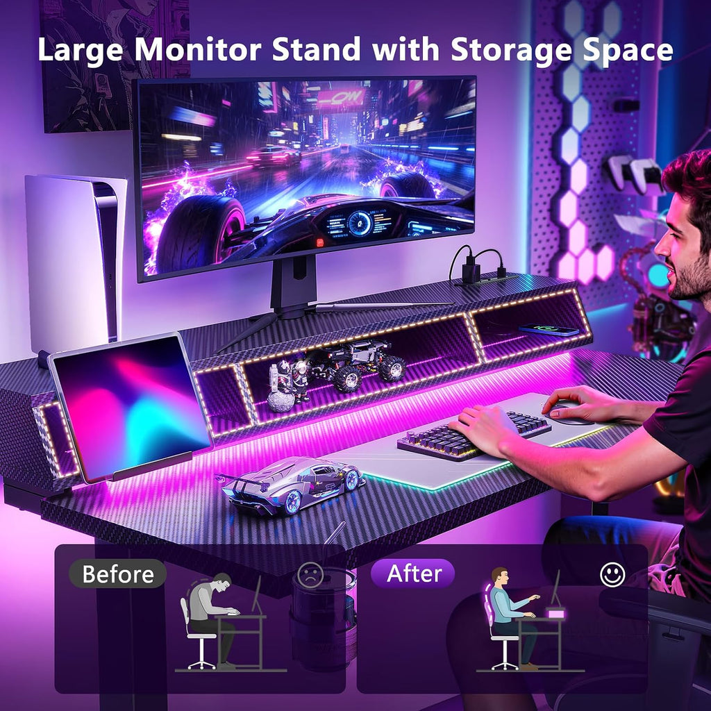 OffiGo Gaming Standing Desk with LED Light, 48 Inch Electric Height Adjustable Table with Power Outlet & Floating Monitor Stand, Sit Stand Computer Workstation for Home, Bedroom, Black