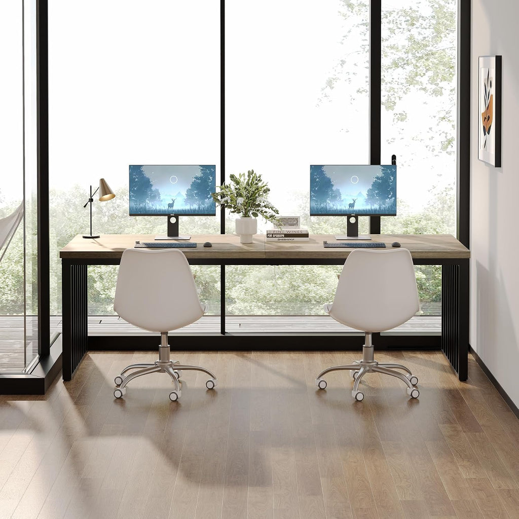 Tribesigns 78.74' Extra Long Computer Desk 2 Person Desk, Double Long Desk with Heavy Duty Metal Frame, Double Workstation Study Table for Home Office, Brown (Without Chair) (Gray & Black)