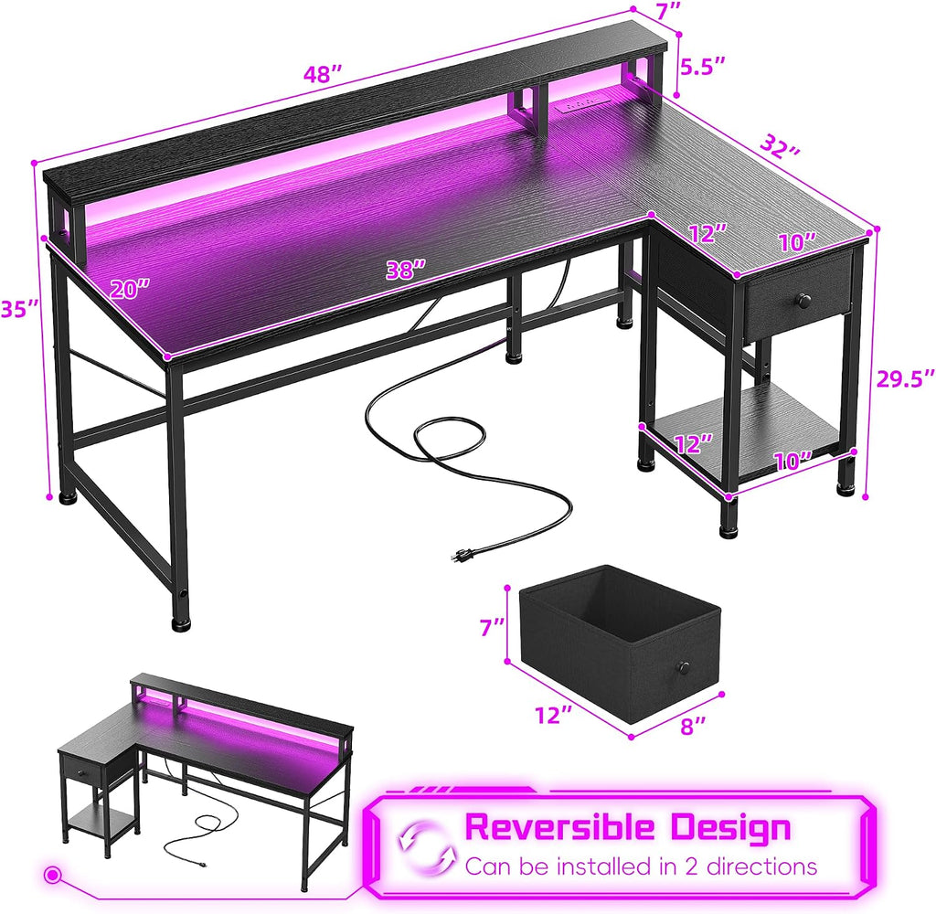 DurayLoly 48' L- Shaped Gaming Desk with LED Lights & Power Outlet,Gaming Desk with Monitor Stand for Gamer,Home Office Desk with Drawer for Student Study Room,Bedroom,Small Working Room,Black