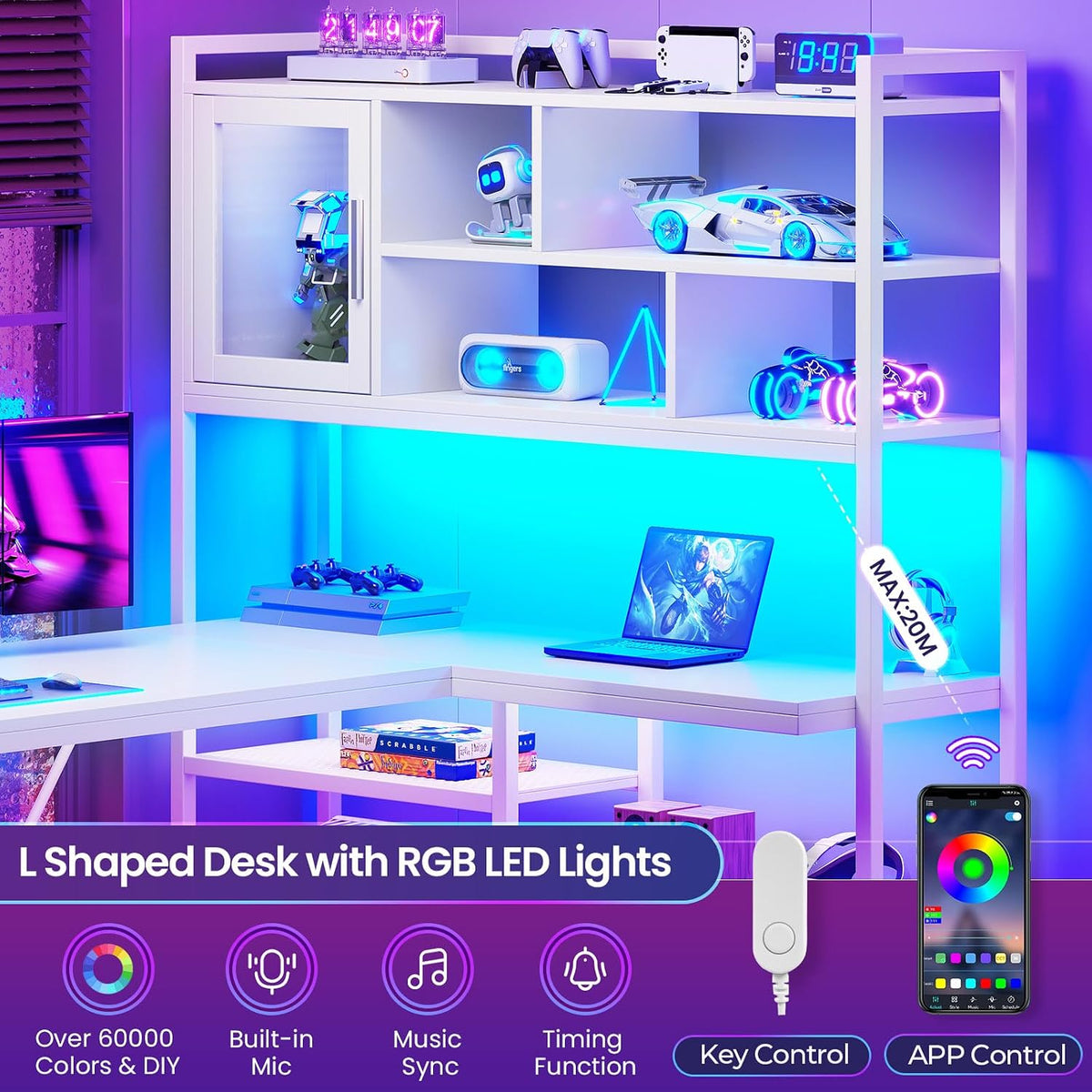 SEDETA L Shaped Computer Desk, 58'' Office Desk with LED Light and Bookshelf, L Shaped Corner Desk with Storage Shelves for Home Office, Gaming Desk, L Desk, White