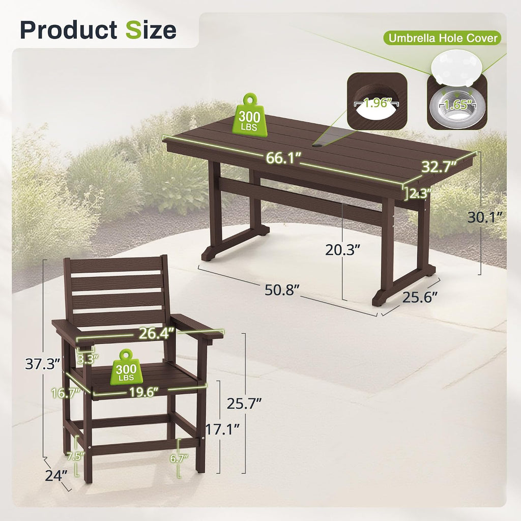 7 Piece Outdoor Dining Set, HDPS Patio Table and Chairs Set, 66' Patio Table with 1.96' Umbrella Hole & 6 Chairs, All Weather Furniture for Garden, Backyard, Poolside (Coffee Brown)