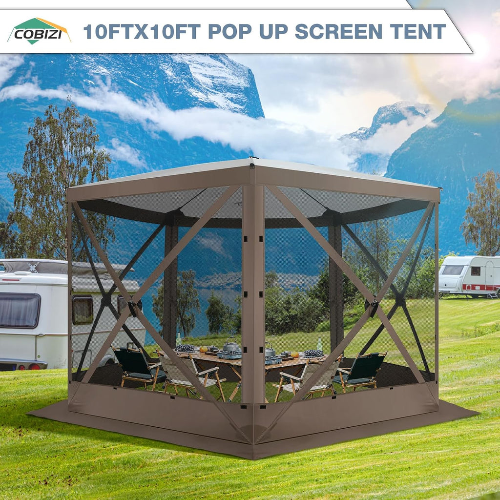 COBIZI Pop Up Gazebo Screen Tent Screen House for Camping, 10FTx10FT Screen Room with Mosquito Netting, Hub Tent Instant Screened Canopy with Carrying Bag and Ground Stakes, Brown