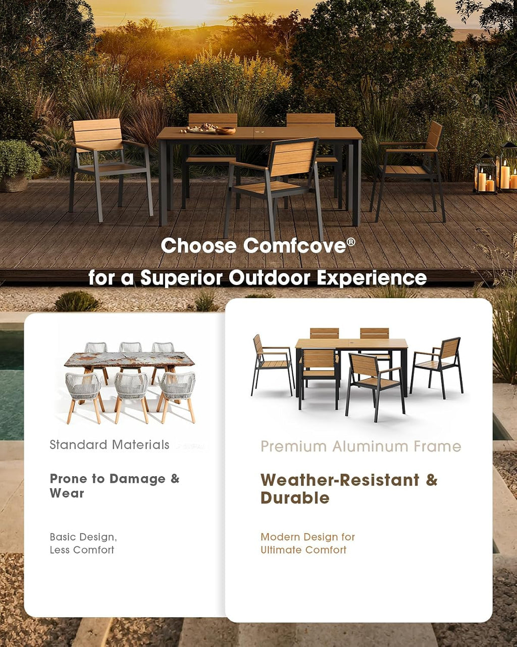 Outdoor Dining Set, Aluminum Patio HDPS Outdooor Table and Chairs Set with Umbrella Hole, All Weather Patio Furniture Set, Patio Dining Table Set ,Gray & Teak ,7 Pieces