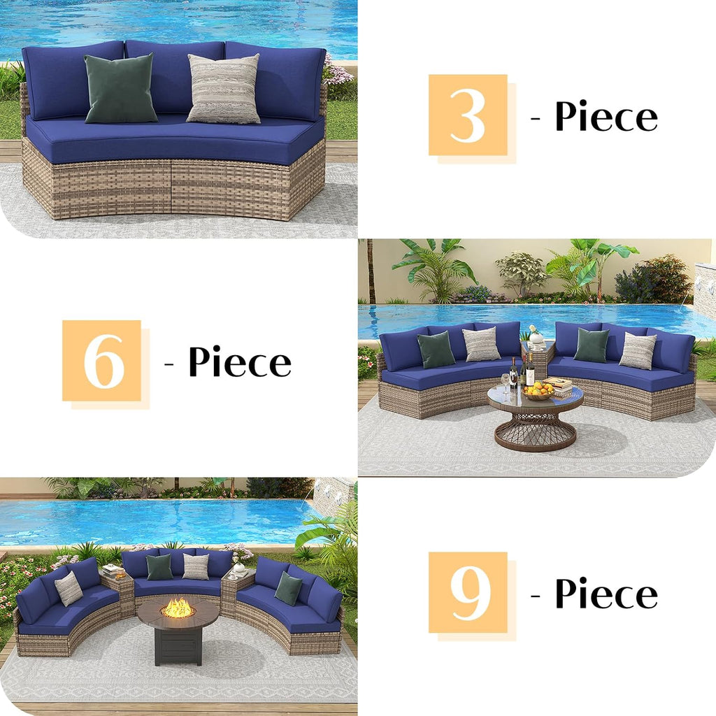 PaPaJet 3-Piece Patio Furniture Set, Half-Moon Wicker Sectional Sofa with Cushions, Waterproof Rattan Outdoor Conversation Set for Beach, Pool, Garden & Balcony, Blue