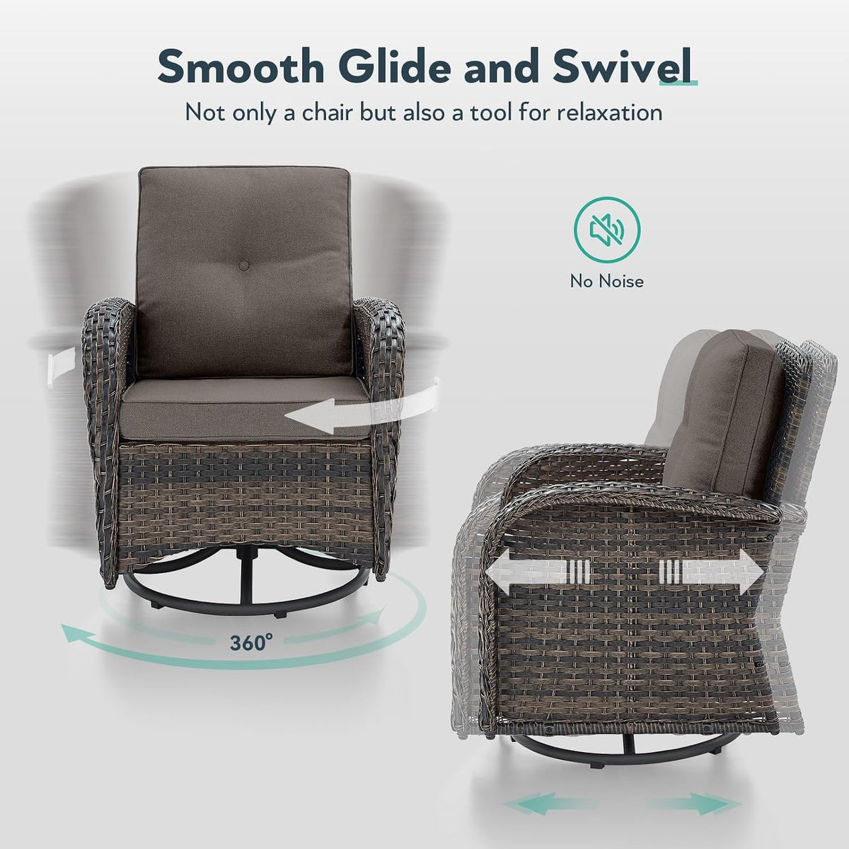 Outdoor Swivel Glider Rocker Chairs - 3 Piece Patio Furniture Set, Patio Bistro Sets with Tempered Glass Side Table, for Balcony, Porch - Brown Wicker, Grey Cushion