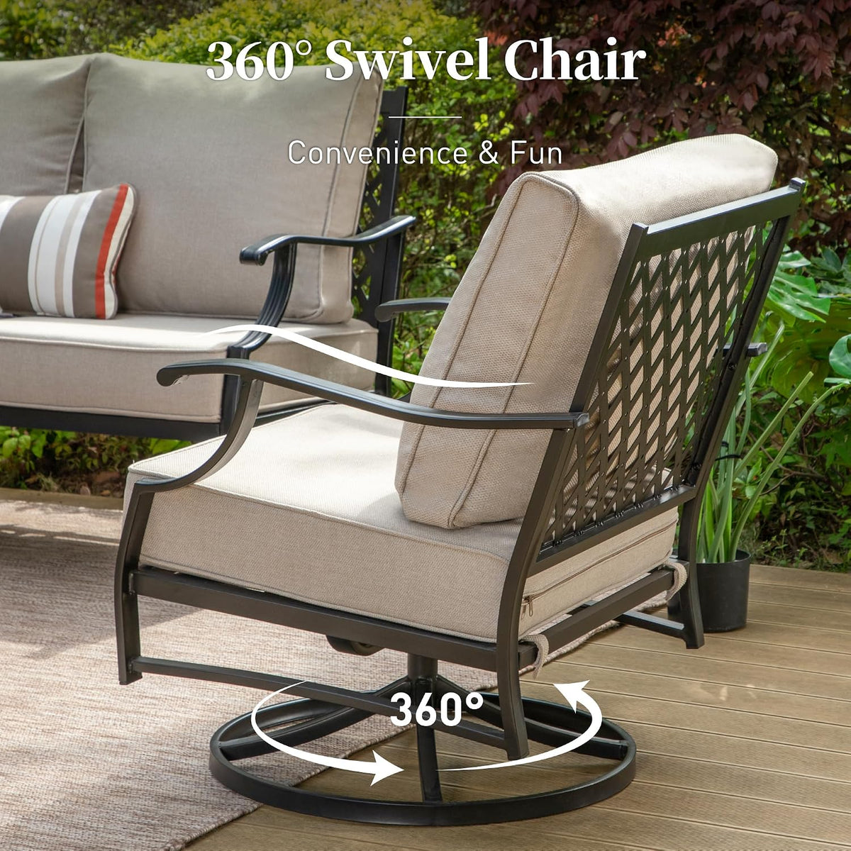 SUNSHINE VALLEY Patio Furniture Set with Firepit Table, 5 Piece Metal Outdoor Patio Furniture set for 4, 4 Swivel Chairs with 5.75' Extra Thick Cushion and Gas Firepit Table for Backyard Poolside Deck