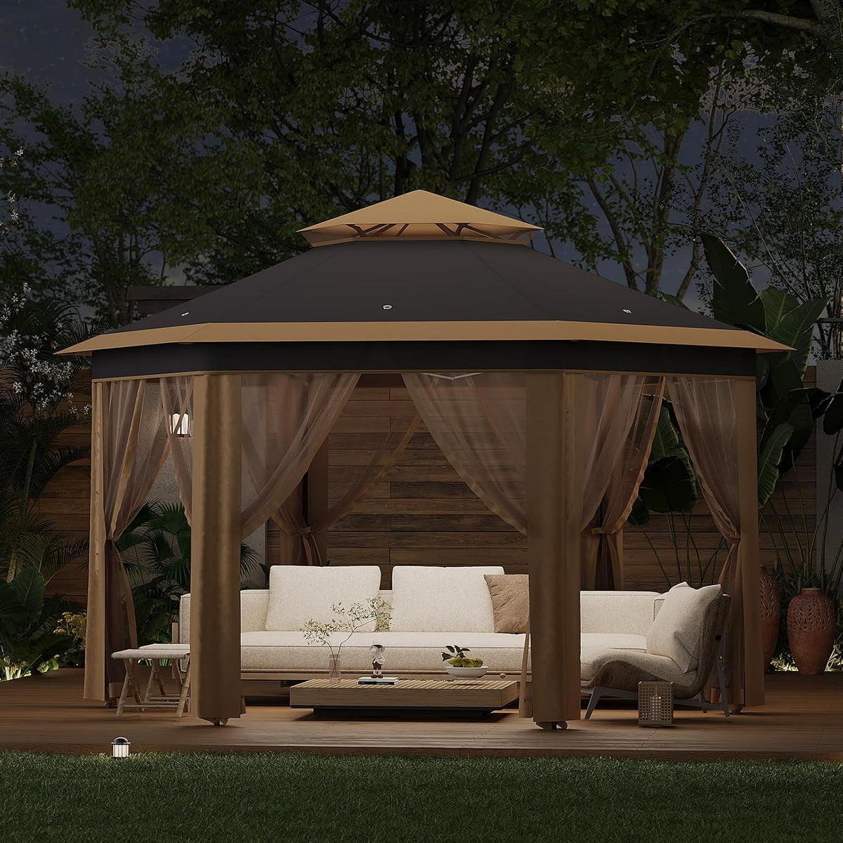 13' x 13' Pop-Up Gazebo, Hexagonal Canopy Shelter with 6 Zippered Mesh Netting, Event Tent with Strong Steel Frame for Backyard, Garden, Lawn, Khaki and Beige