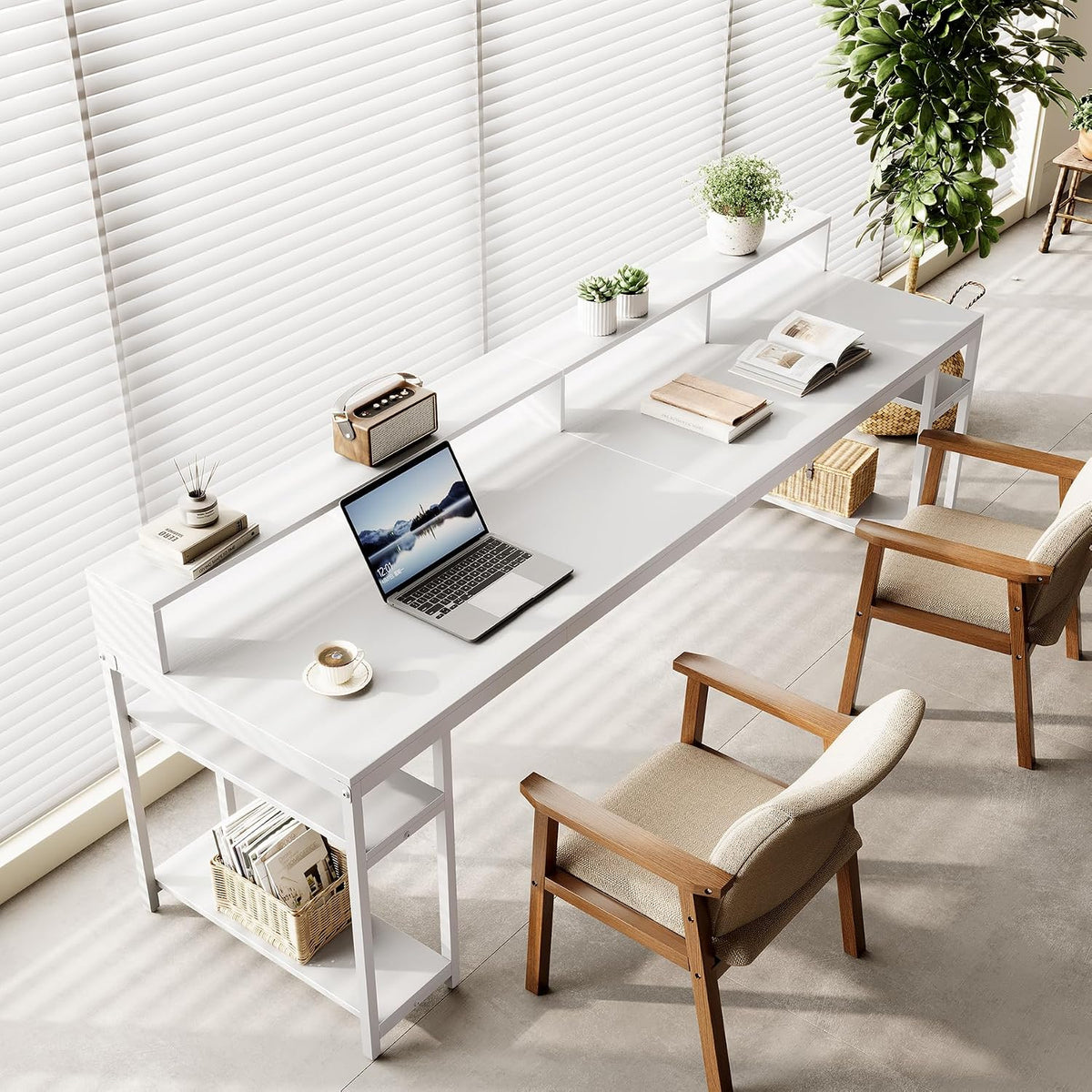LITTLE TREE 78-Inch Double Desk with Storage Shelves, 2-Person Gaming Desk for Home Office, Long Desk with Monitor Stand (White)