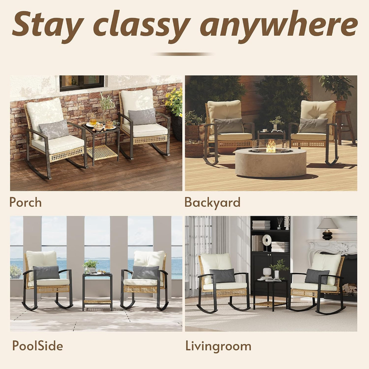 3 Piece Patio Rocking Chairs Set of 2, Outdoor Rocking Chair Bistro Set with Tempered Glass Coffee Table and Thick Lumbar Pillow Set, Front Porch Chairs for Garden, Backyard, Poolside (Beige)