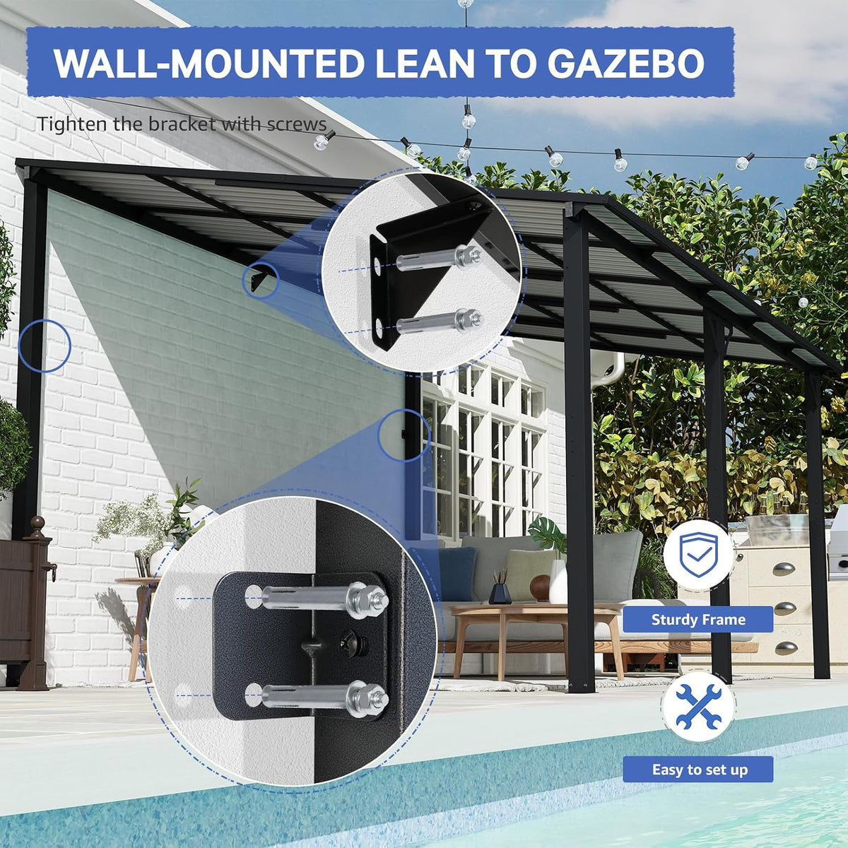 SUNSITT 10 * 10FT Outdoor Gazebo, Lean to Gazebo Pergola w/Drainage Holes, Wall-Mounted Gazebos with Galvanized Iron Hard Top Awnings for Yard, Dark Grey