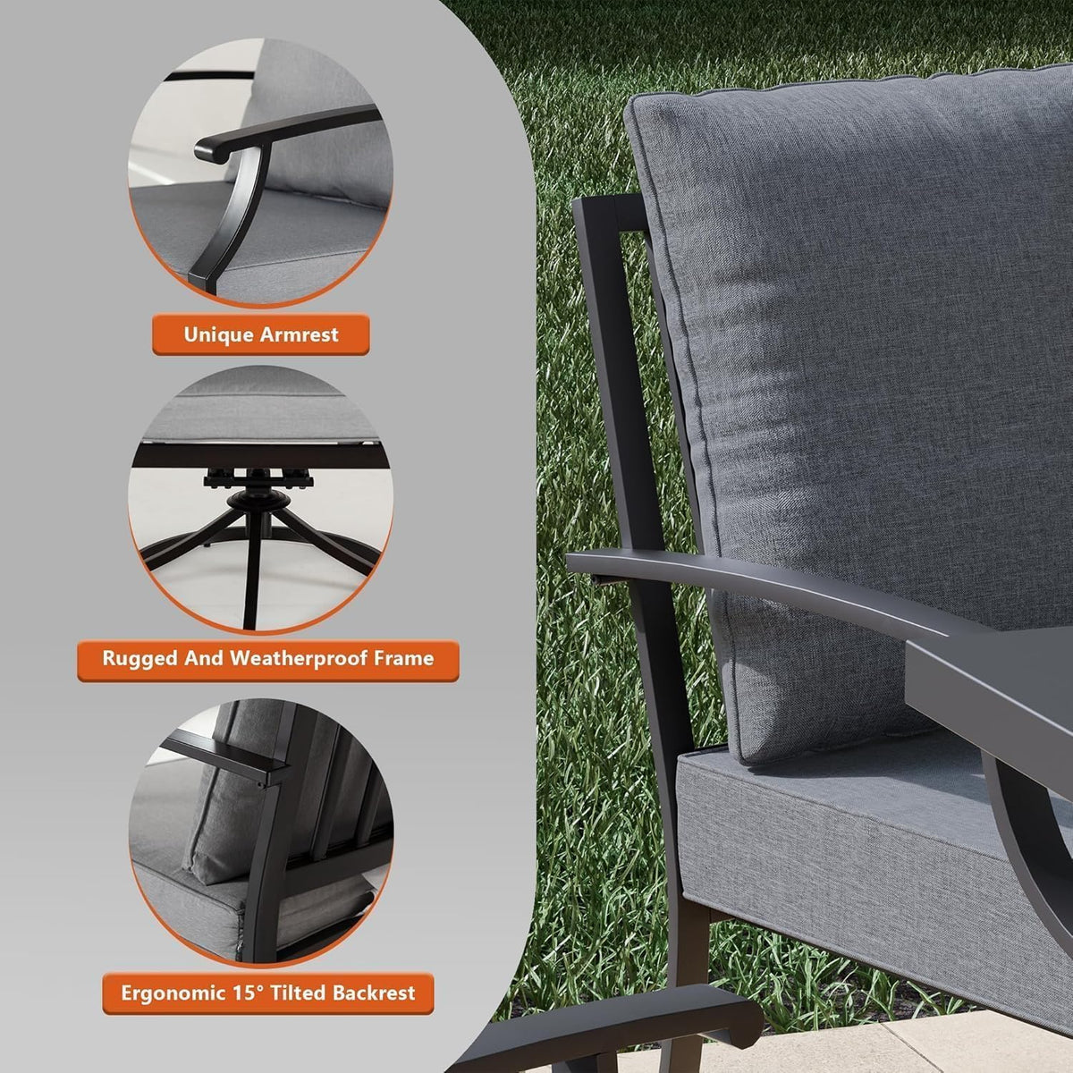 5-Piece Patio Furniture Set, Outdoor Table and Chairs with Rectangular All-Iron Coffee Table and 4 Chairs with Thick Cushions, Patio Conversation Set for Backyard, Balcony and lawns,Grey