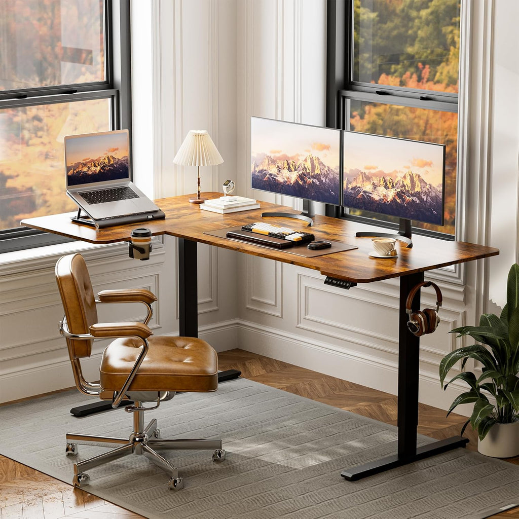 Acrolix 71 Inch L Shaped Standing Desk Adjustable Height, Electric Corner Standing Desk, Sit Stand Computer Table with Reversiable Splice Board, Rustic Brown