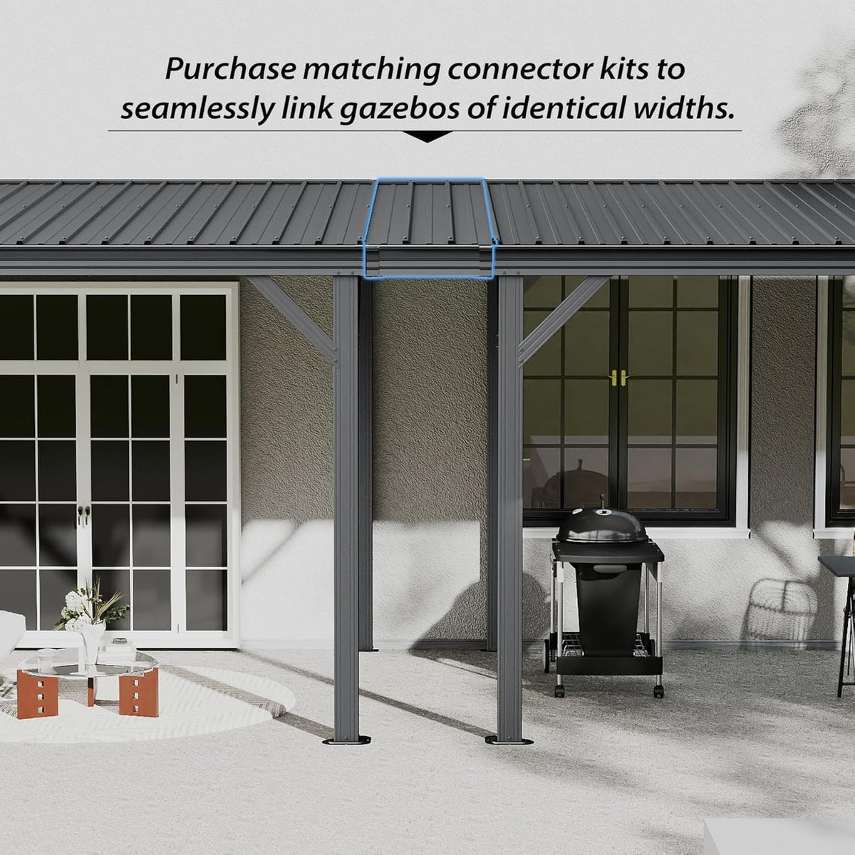 Domi 8'x8' Lean to Gazebo Hardtop, Expandable Wall Mounted Pergola with Gutters & Galvanized Steel Roof, 60MPH Wind Resistance, Outdoor Metal Heavy Duty Metal Awning for Patio, Deck, Backyard - Grey