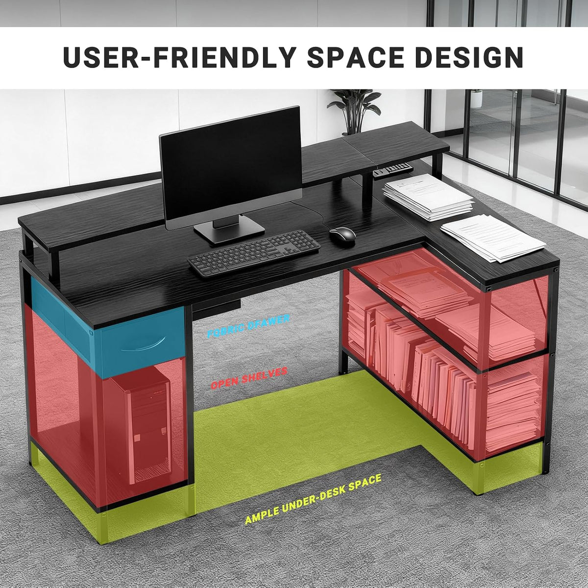 Simple Deluxe 53-inch L-Shaped Gaming Desk with LED Lights & Power Outlets, Reversible Corner Computer Desk with Monitor Riser, Drawer & Shelves, for Home Office, Black