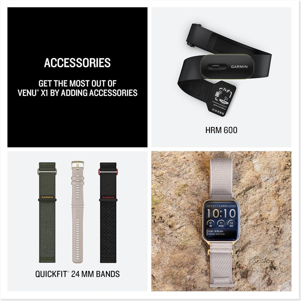 Garmin® Venu® X1, Thin and Lightweight GPS Smartwatch, AMOLED Display, Advanced Health and Fitness Features, Soft Gold with Titanium Caseback and French Gray ComfortFit Nylon Band