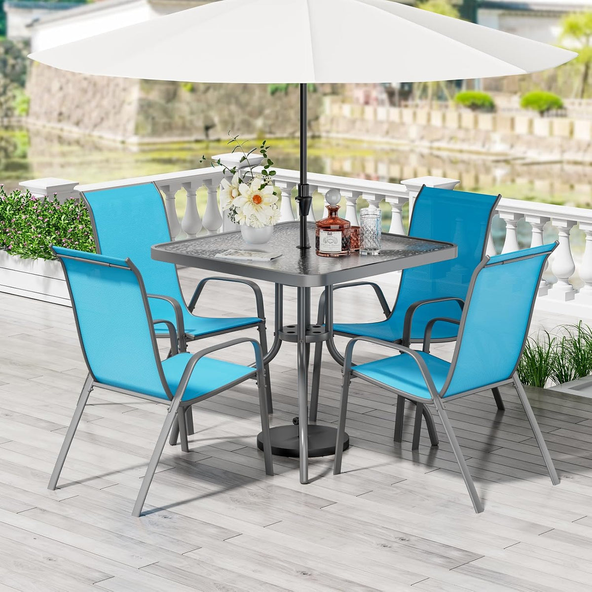TLSUNNY Patio Dining Set 5 Pieces, All Weather Outdoor Furniture W/30'X 30' Table and 4 Stackable Textilene Chairs, Metal Table and Chairs for Lawn, Garden, Poolside, Backyard (Umbrella not Included)
