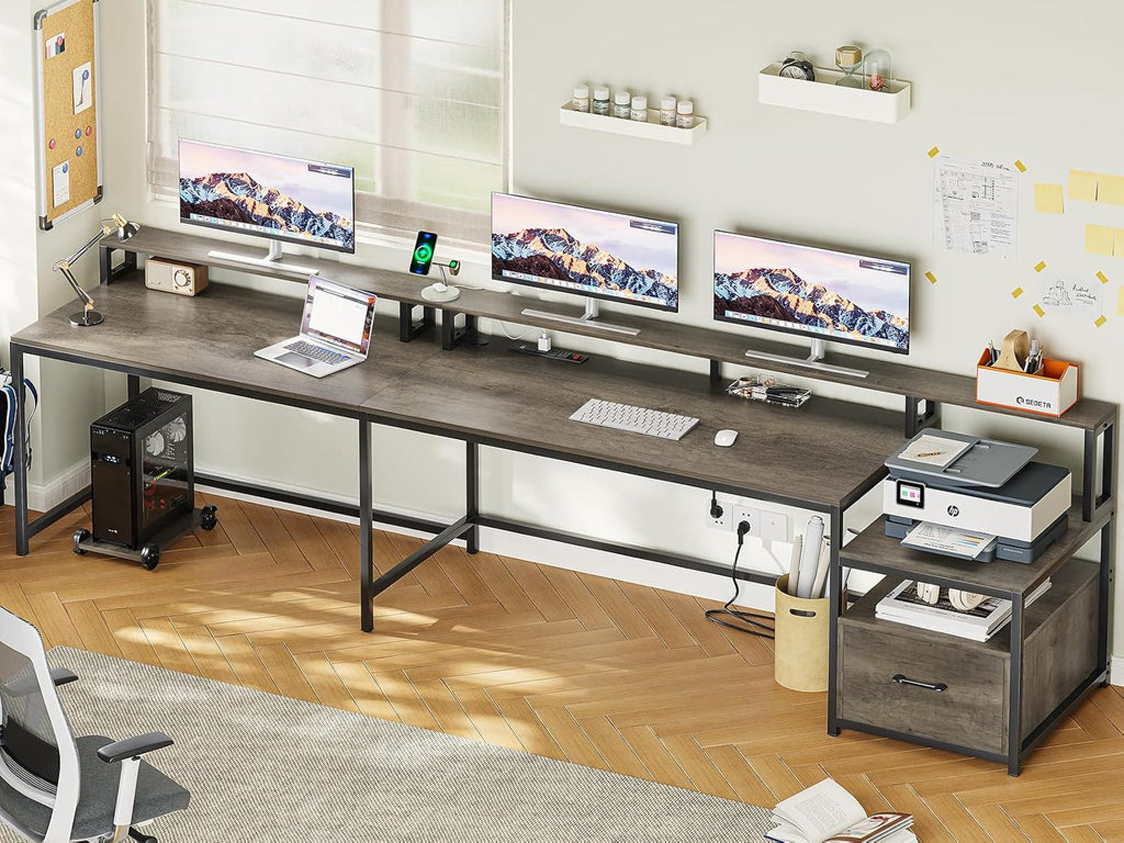 SEDETA L Shaped Desk, 66' Home Office Desk with Wood File Drawer, Power Outlet, Corner Computer Desk with Monitor Shelf, Printer Storage Shelves, Gaming Desk with Led Lights, Two Person Desk, Walnut