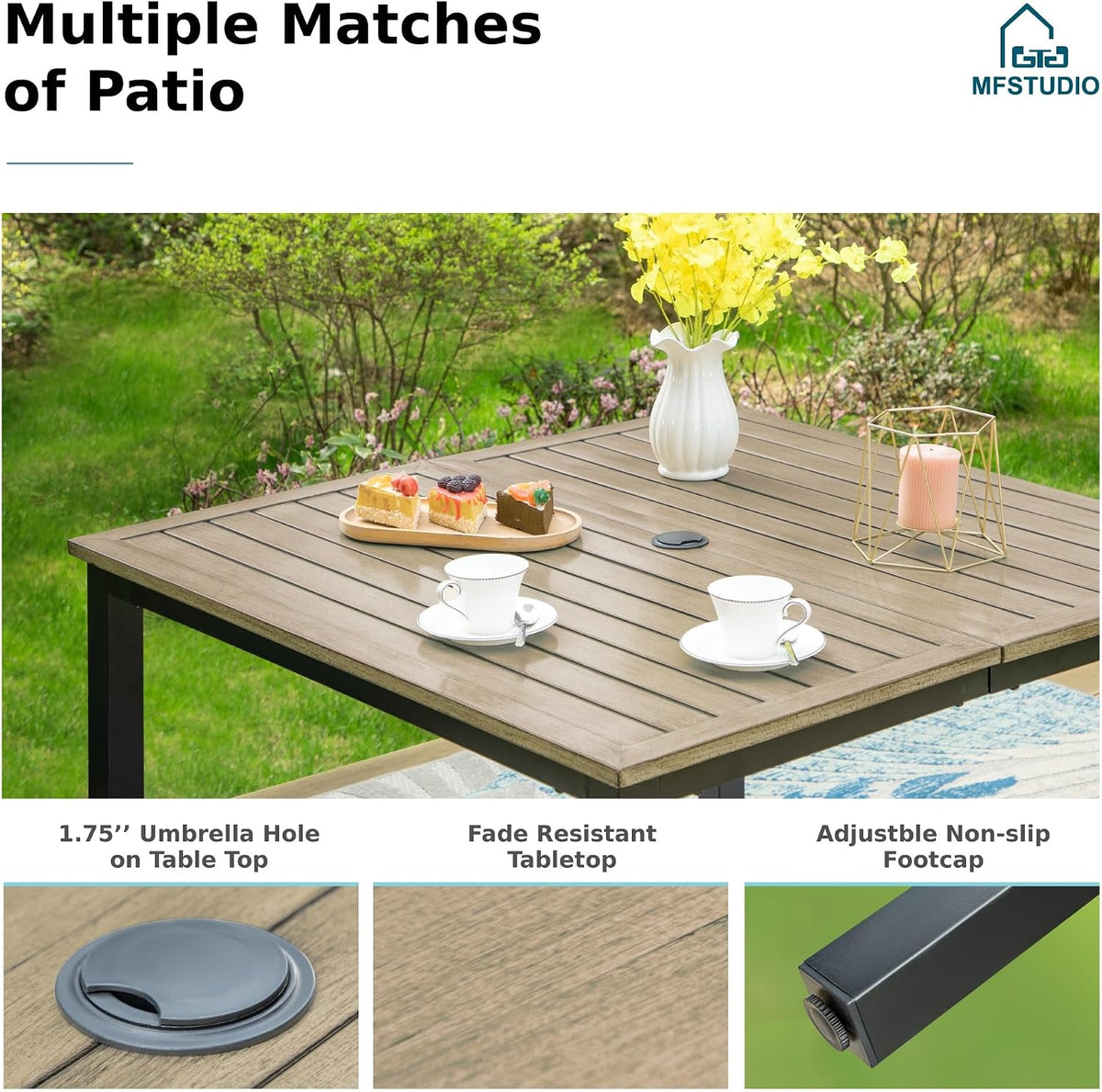 MFSTUDIO Patio Table and Chairs Set of 4, Patio Dining Sets for Deck Poolside Backyard & Garden, Outdoor Dining Set for 4 with Umbrella Hole
