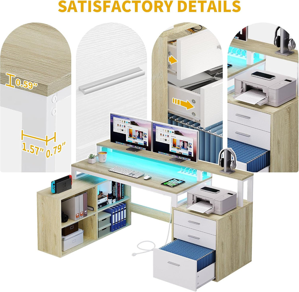 DWVO L Shaped Desk with Drawers, 65' Computer Desk with Power Outlets & LED Lights, Corner Home Office Desk with Storage Shelves & Printer Stand, White & Oak