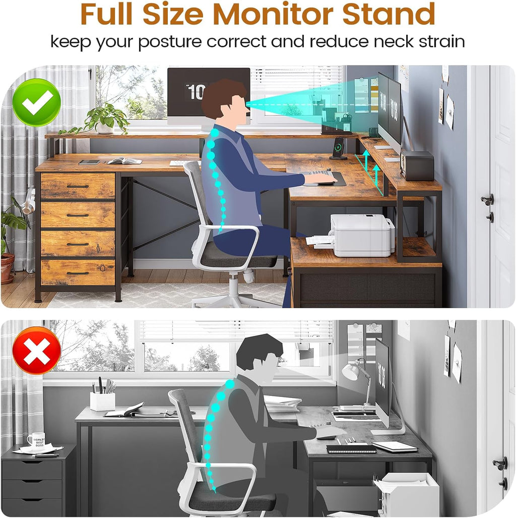 SEDETA L Shaped Desk with 6 Drawer, 108' Home Office Desk with File Drawer & Power Outlet, Corner Computer Desk with Monitor Shelf, Two Person Desk, Gaming Desk with Led Lights, Rustic Brown