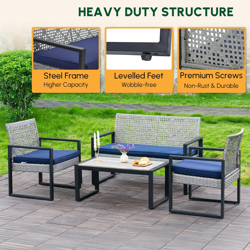 BEEFURNI Wicker Patio Furniture Outdoor Conversation Set of 4, Rattan Outdoor Furniture Set, Acacia Wood Table, 2 Chairs, 1 Loveseat, 2' Cushions, All Weather Set for Patio, Porch, Balcony (Gray)