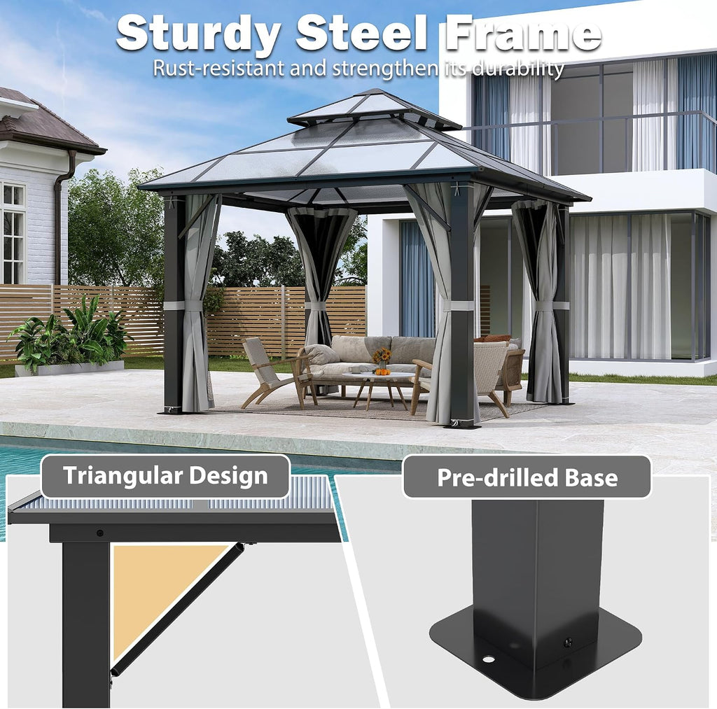 Hardtop Gazebo 10' x 10', Patio Gazebos with Polycarbonate Roof & Steel Frame, Outdoor Pavilion with Gray Curtain&Netting for Backyard/Lawn/Garden/Deck