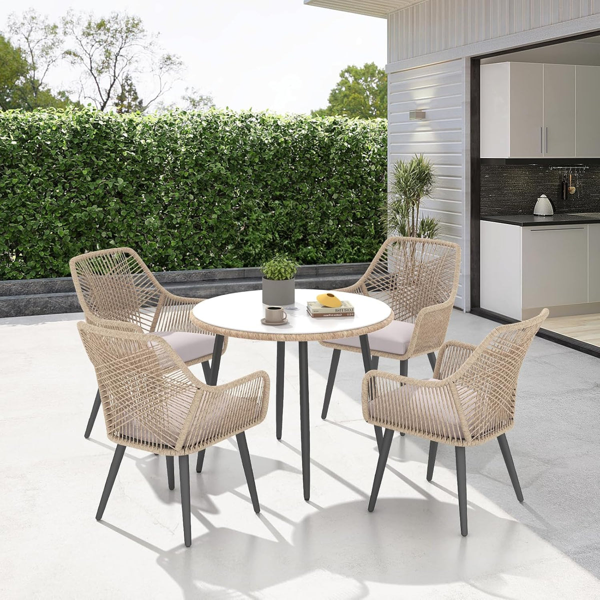 Patiorama 5-Piece Patio Dining Set, Outdoor Dining Table Chair Set, All-Weather Twisted Rattan Wicker Rope Conversation Set, Patio Furniture Set w/Umbrella Hole,Cushioned Chairs&Table(Tan&Cross Back)