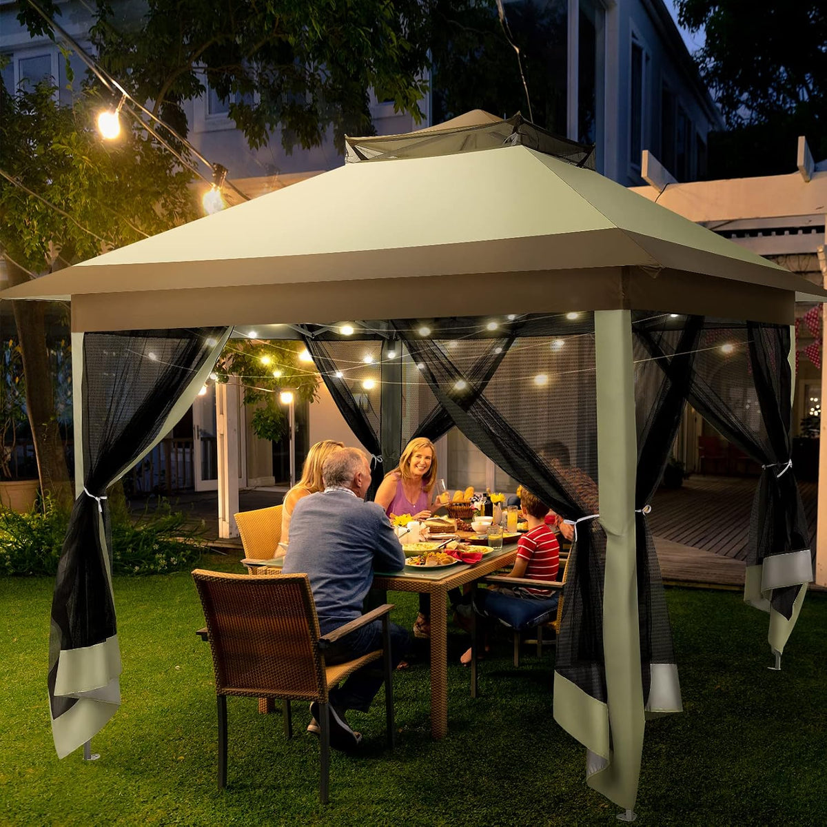 COBIZI 12x12 Pop Up Gazebo On Clearance - Upgrade Easy Up Metal Outdoor Canopy Waterproof - Portable Gazebo with Mosquito Nettings, 4 Ropes 8 Stakes and Carry Bag for Patio Garden(Khaki)