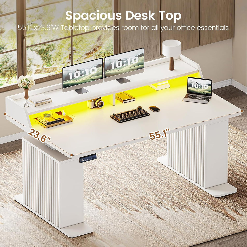 SEDETA Standing Desk with Storage, 55' Fluted Stand Up Desk with Power Outlets & LED Lights, Height Adjustable Table with Monitor Shelf for Home Office, Gaming, White