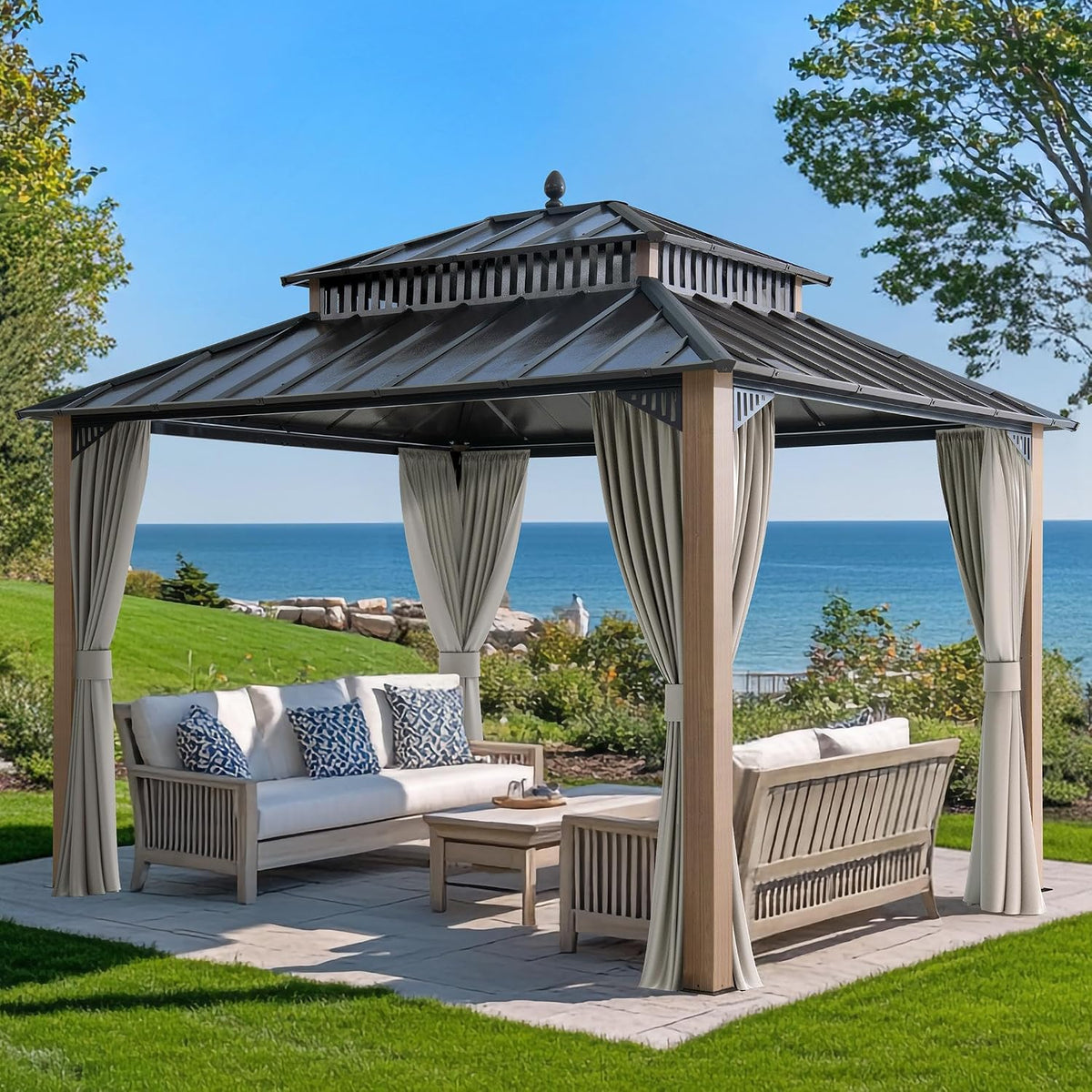 SUNJOY Kingston 12' x 10' Hardtop Gazebo with Galvanized Steel Double Roof, Curtain and Netting, Woodgrain Finish Aluminum Posts Permanent Pavilion Gazebo for Garden, Patio, Deck, Lawn