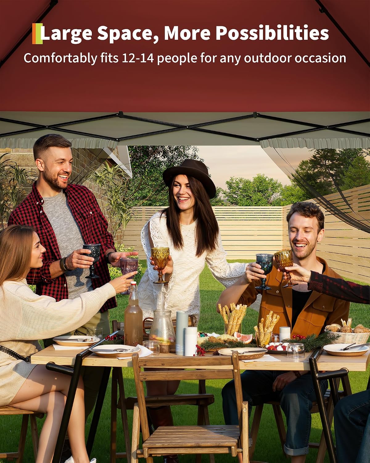 Canopy Tent 13x13 ft, Pop Up Gazebo One-Push Setup with 4 SandBags for Backyard Parties and BBQs, Mosquito Netting & Height Adjustable - Red