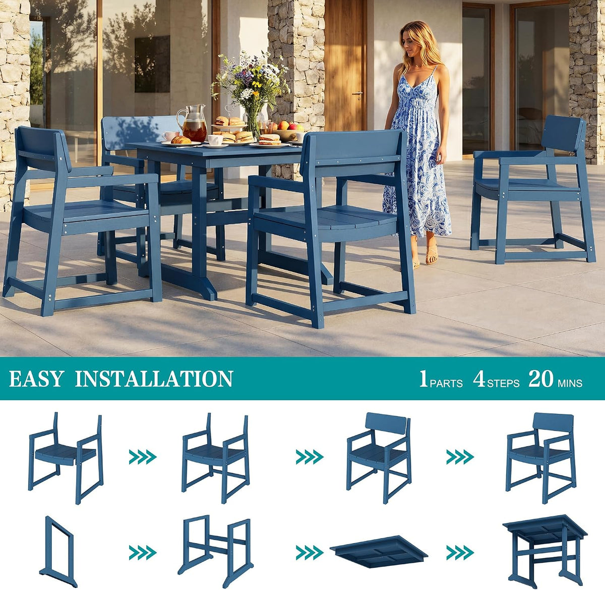Vongrasig 5 Pieces Patio Dining Set, All Weather Outdoor HDPE Dining Furniture Set with Table and Chairs for 4, Garden Patio Furniture Set for Lawn, Backyard, Poolside, Blue