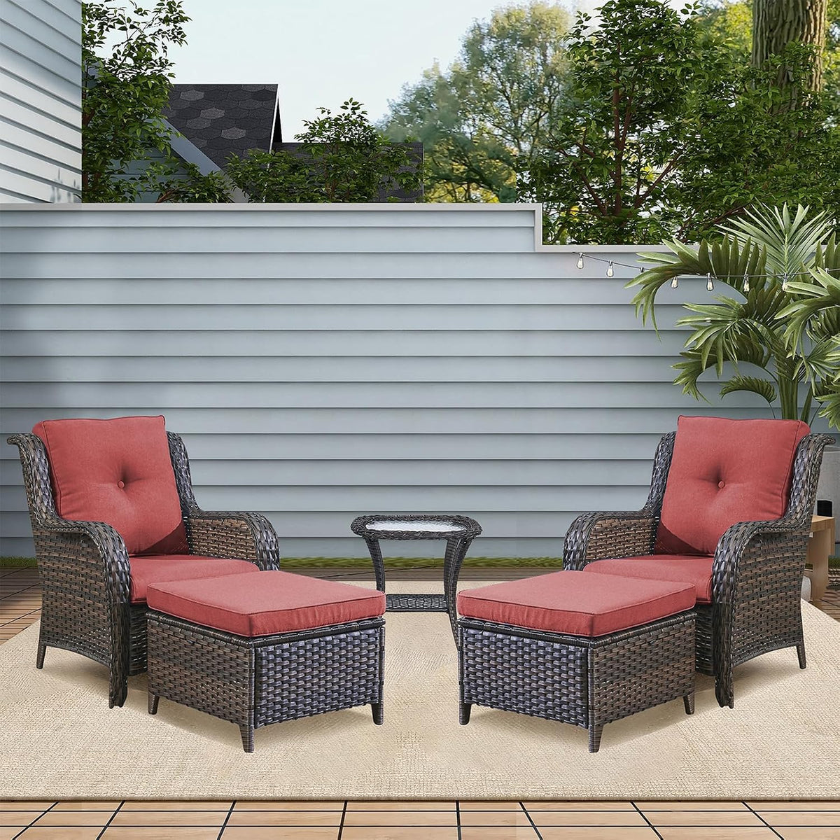 Outdoor Patio Furniture Chairs Set - 5 Piece Wicker Rattan Patio Sectional Conversation Sets with 2 Armrest Chairs,2 Ottomans and 1 Side Table for Porch Deck Balcony Backyard Garden(Brown/Red)