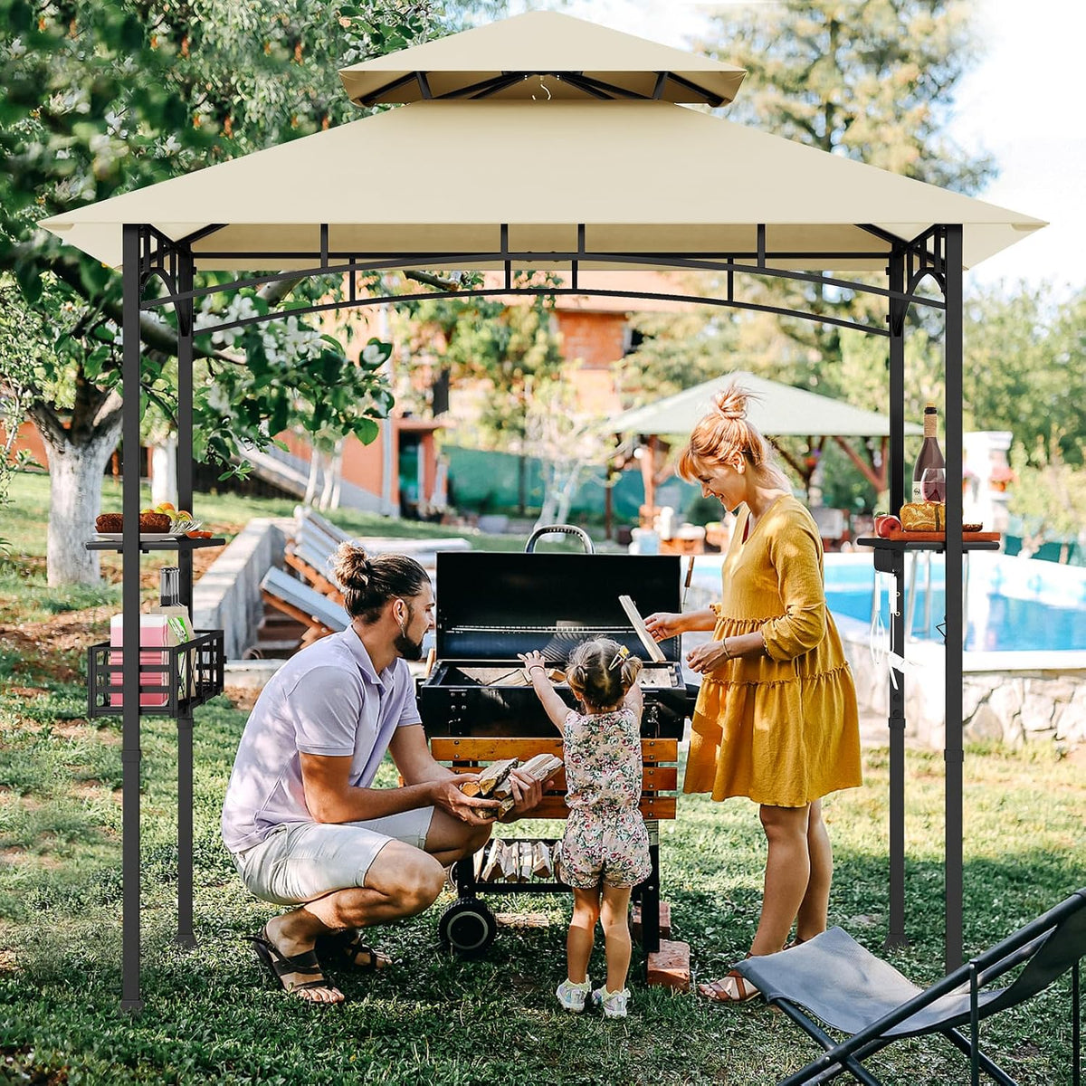 Tangkula 8x5 Ft Grill Gazebo, 2-Tier Barbecue Gazebo with 2 Shelves, 20 Hanging Hooks, Bottle Opener & Storage Basket, Outdoor Grill Canopy for Backyard Garden Poolside (Beige)