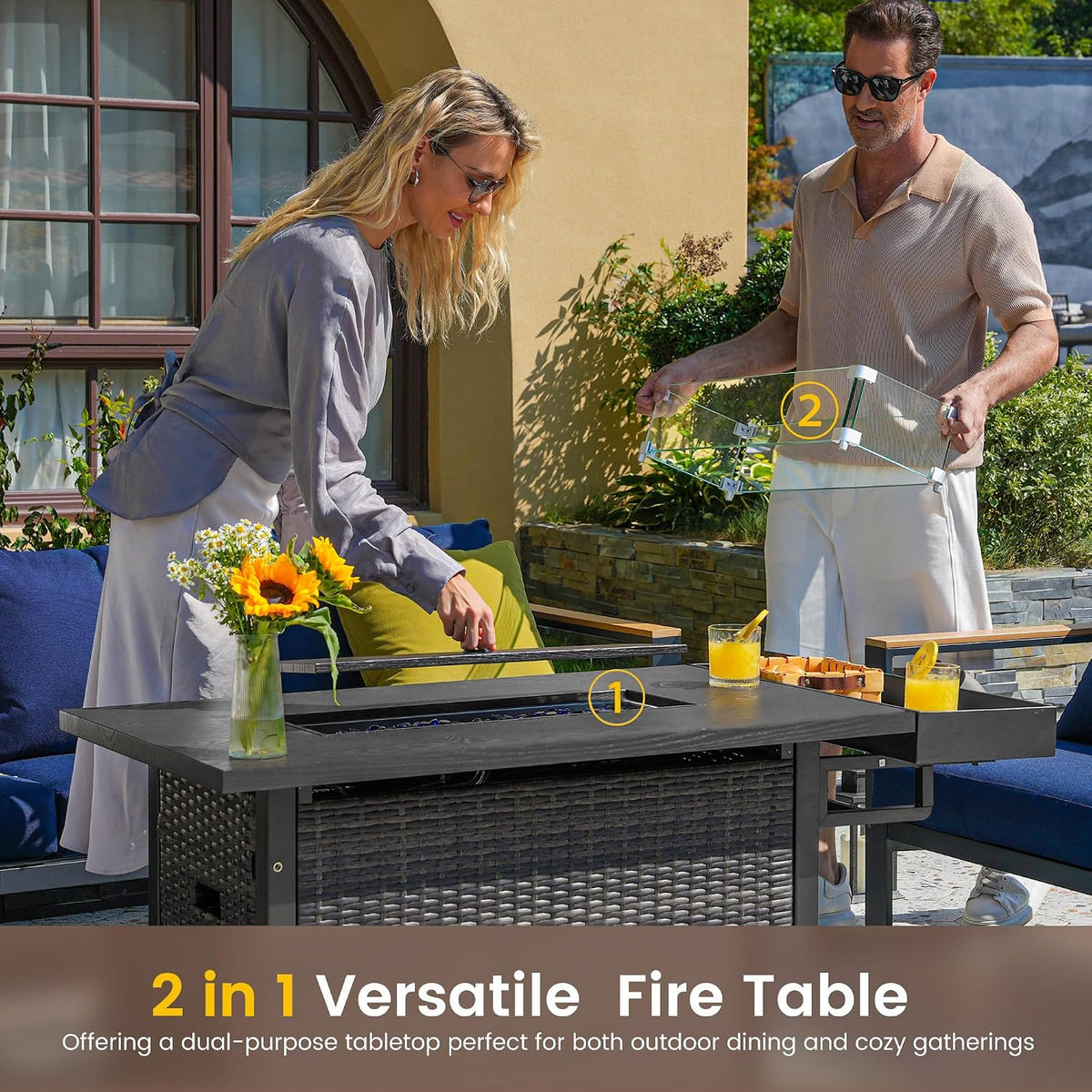 Sundale Outdoor Aluminum Patio Furniture Set, 4 Piece Outdoor Conversation Sets with Fire Pit and 6' Thick Olefin Cushions, All Weather Outdoor Sectional Set for Deck, Lawn, Yard