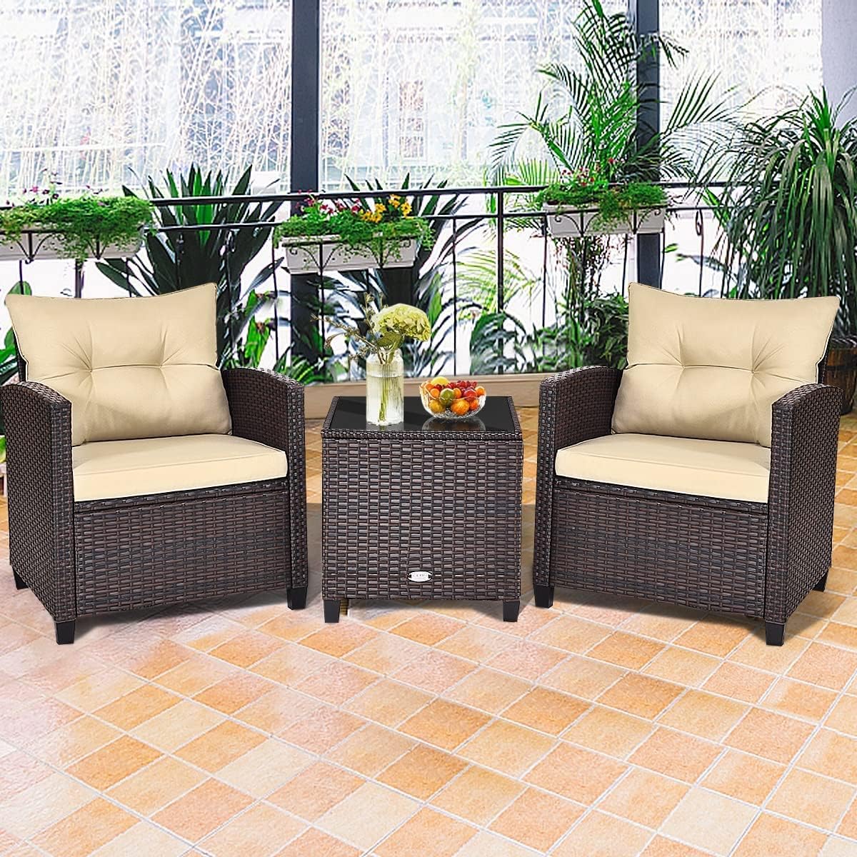 HAPPYGRILL 3 Pieces Patio Conversation Set, Outdoor Furniture Set PE Rattan Sofa Set with Removable Cushions, PE Wicker Chairs with Tempered Glass Side Table for Porch Lawn Garden Balcony Backyard