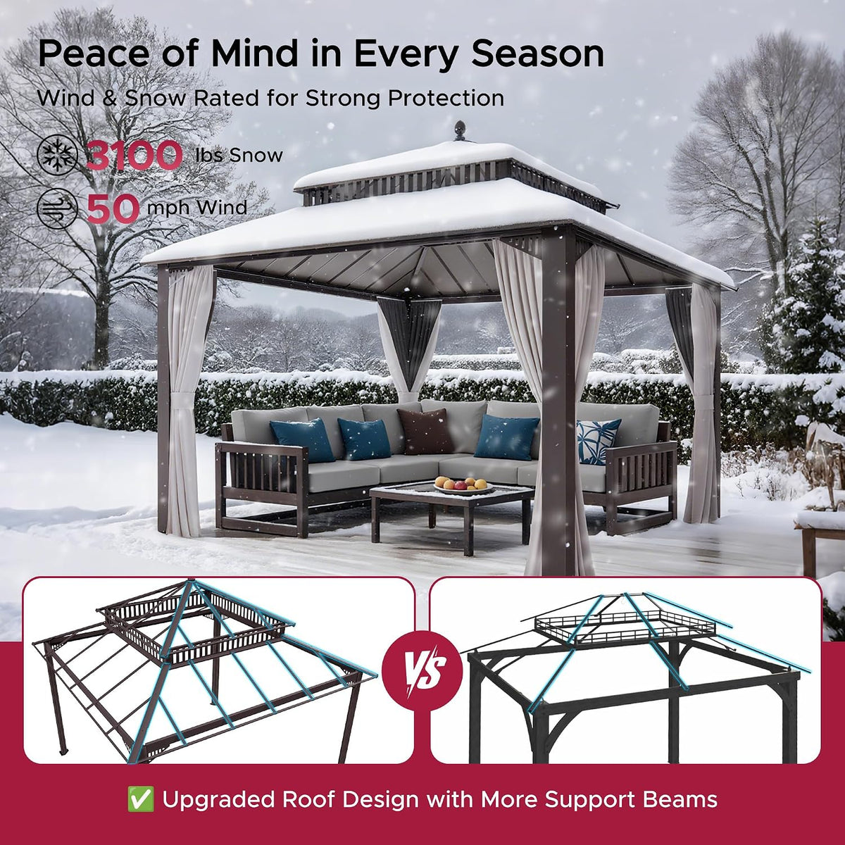 SUNJOY Kingston 12' x 12' Hardtop Gazebo with Galvanized Steel Double Roof, Curtain and Netting, Brown Aluminum Posts Permanent Pavilion Gazebo for Garden, Patio, Deck, Lawn