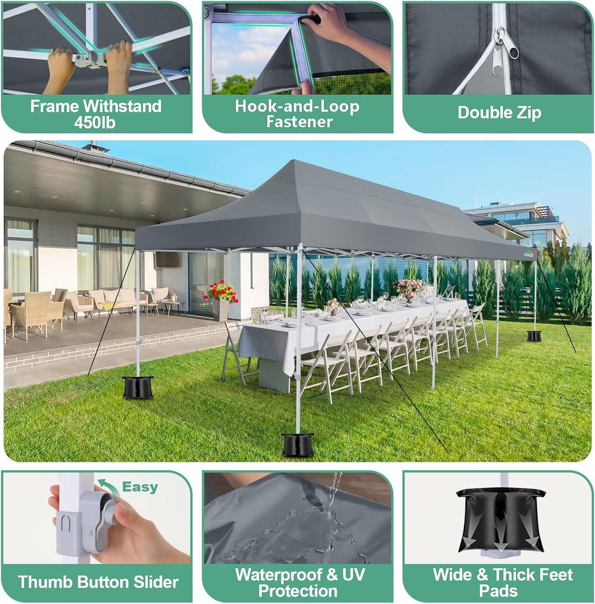 COBIZI 10x30 Canopy Tent, Heavy Duty Pop up Canopy with Sidewalls, Waterproof Easy Setup Canopy with Mosquito Netting, Outdoor Instant Screen Tents for Parties, Wedding with Roller Bag, Gray