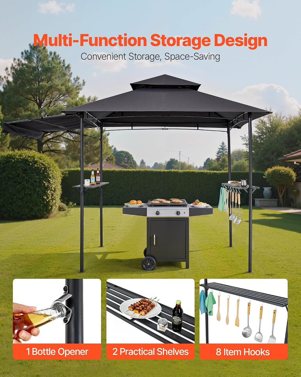 VEVOR Grill Gazebo, 8 x 5 ft Double-Tiered Top, BBQ Gazebo with Extra Awning, Powder-Coated Steel Patio Grill Shelter with 2 Side Shelves, Bottle Opener & Hooks, Outdoor Grilling Canopy for Garden