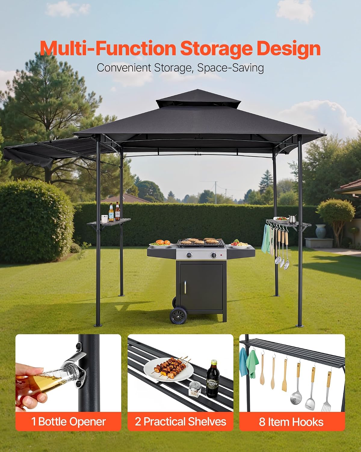 VEVOR Grill Gazebo, 8 x 5 ft Double-Tiered Top, BBQ Gazebo with Extra Awning, Powder-Coated Steel Patio Grill Shelter with 2 Side Shelves, Bottle Opener & Hooks, Outdoor Grilling Canopy for Garden