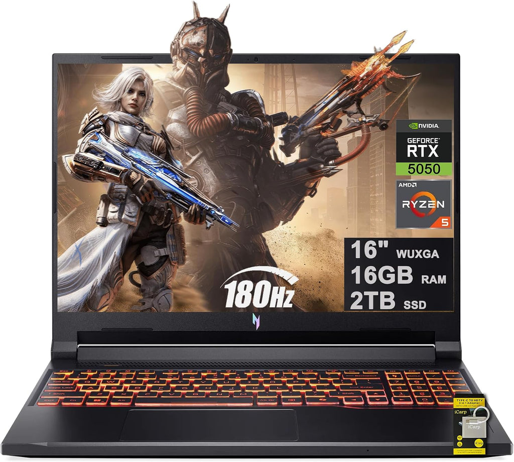 acer Nitro V 16 AI Gaming Laptop 16' WUXGA IPS 180Hz AMD 6-core Ryzen 5 240 16GB DDR5 2TB SSD GeForce RTX 5050 (Up to 421 AI Tops) Backlit Wi-Fi6E Type-C Win11 w/ICP Hub