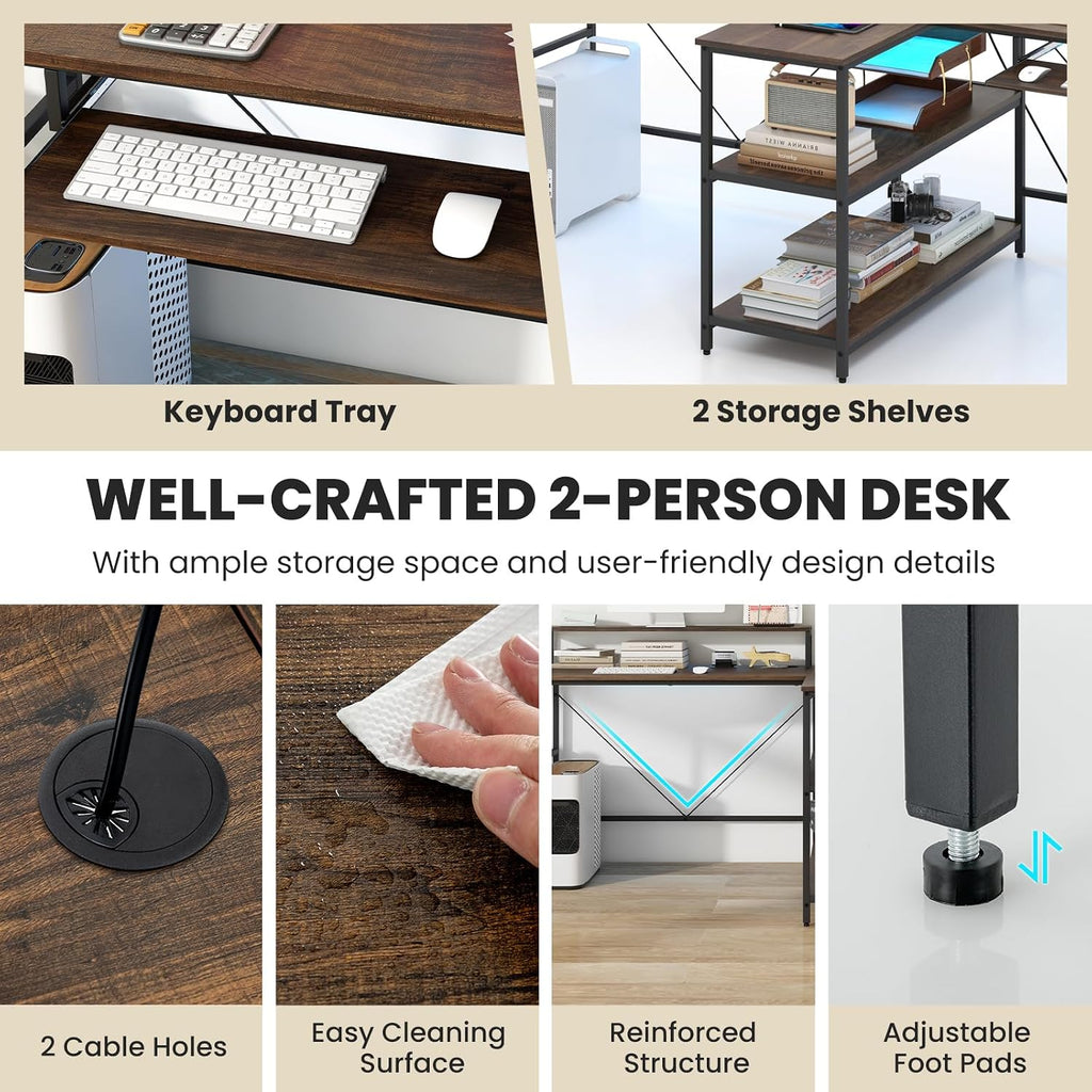Tangkula 2-Person Reversible Computer Desk with LED Lights, 94.5' Long Office Desk with Power Outlets, Monitor Stand, Keyboard Tray & 2 Storage Shelves, Double Desk for Gaming Working Writing (Walnut)