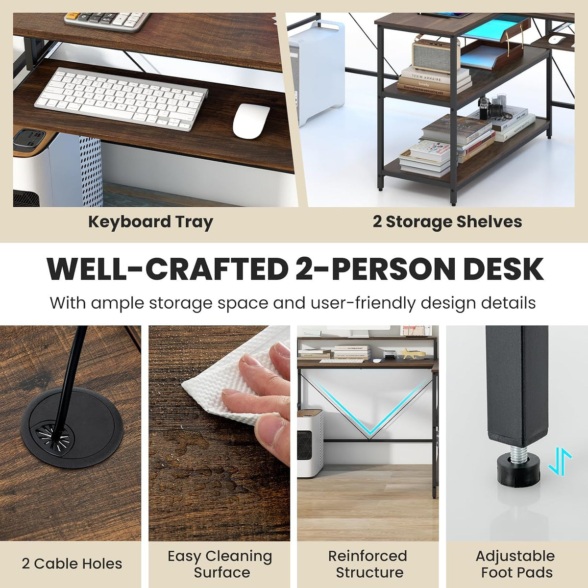 Tangkula 2-Person Reversible Computer Desk with LED Lights, 94.5' Long Office Desk with Power Outlets, Monitor Stand, Keyboard Tray & 2 Storage Shelves, Double Desk for Gaming Working Writing (Walnut)