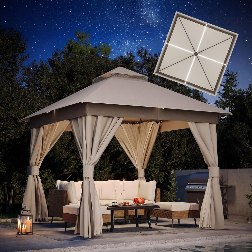 LAUSAINT HOME 10'x10' Outdoor Gazebo with Solar LED Lights, Metal Heavy Duty Patio Canopy Tent Shelter with Double Roofs, Mosquito Nettings and Privacy Screens for Backyard, Garden, Lawn, Khaki