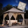LAUSAINT HOME 10'x10' Outdoor Gazebo with Solar LED Lights, Metal Heavy Duty Patio Canopy Tent Shelter with Double Roofs, Mosquito Nettings and Privacy Screens for Backyard, Garden, Lawn, Khaki