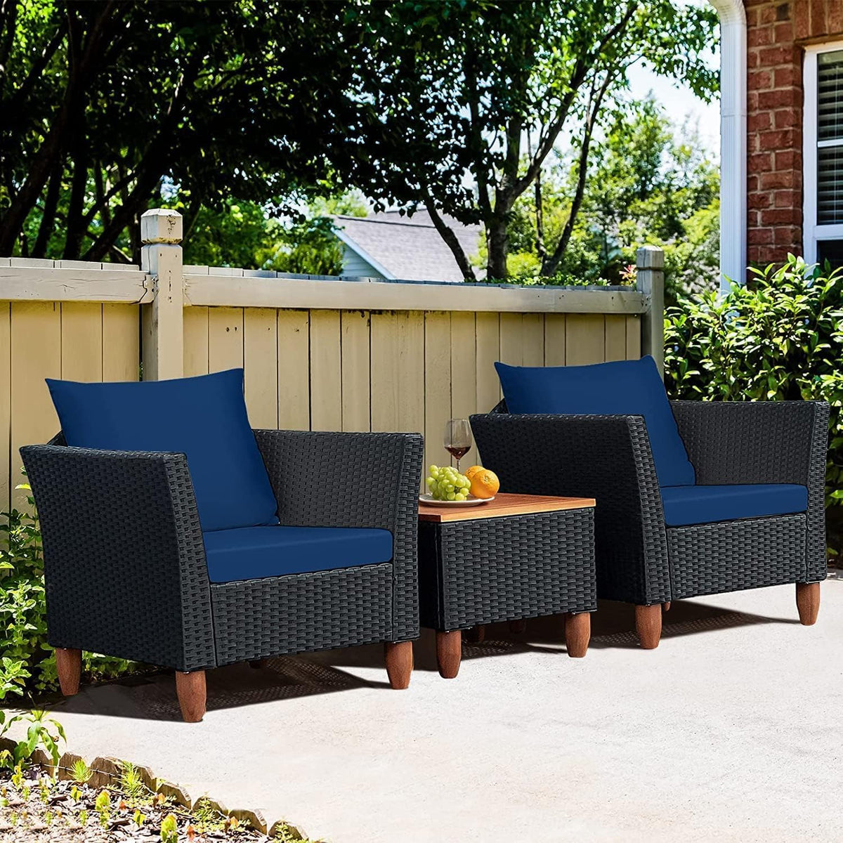 LDAILY Patio 3 Pieces Patio Furniture Set, PE Rattan Outdoor Wicker Sofa Chair with Washable Cushion & Wood Storage Table, Patio Conversation Set for Porch, Yard, Garden (Navy)