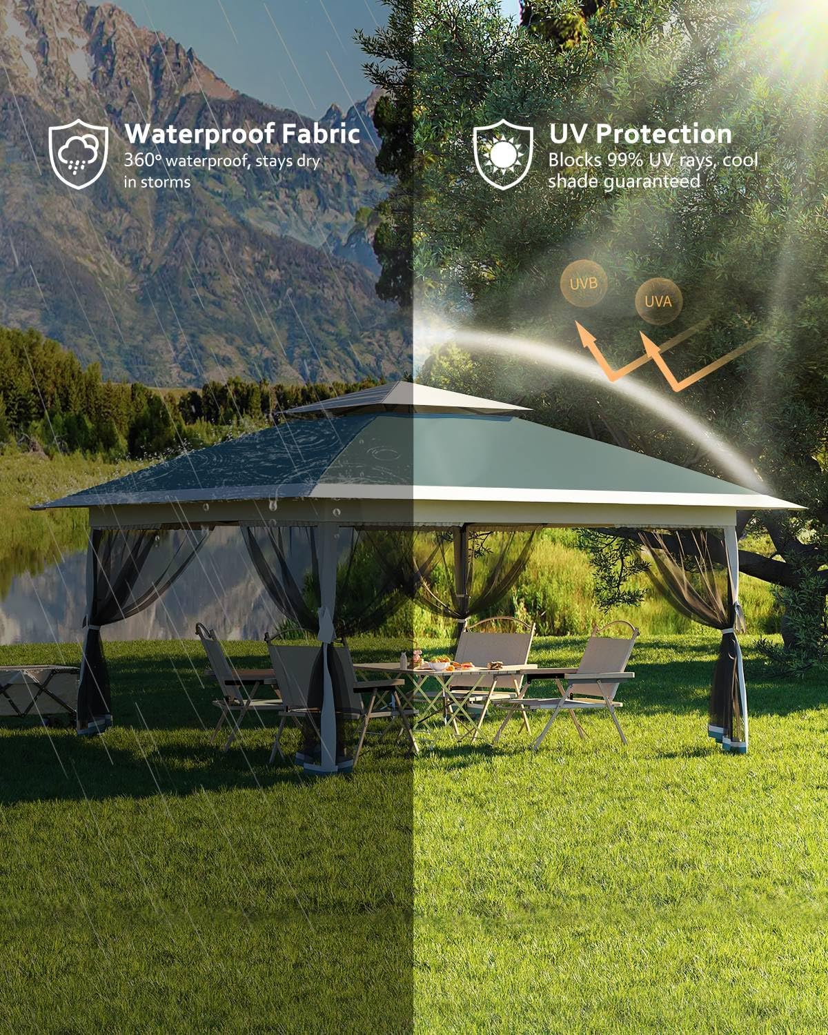 Canopy Tent 13x13, Pop Up Gazebo Tent Easy Setupwith 4 Sand Bags for Backyard Garden Patio, Mosquito Netting & Height Adjustable - Dark Green