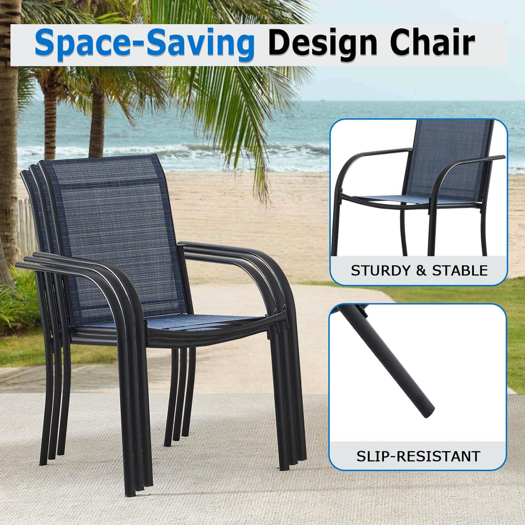 5-Piece Outdoor Dining Set, 35.5' Square Metal Patio Table with Dark Blue Chairs, Black Table with Umbrella Hole for Garden, Yard, Patio