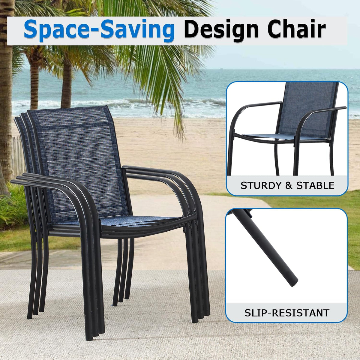 5-Piece Outdoor Dining Set, 35.5' Square Metal Patio Table with Dark Blue Chairs, Black Table with Umbrella Hole for Garden, Yard, Patio