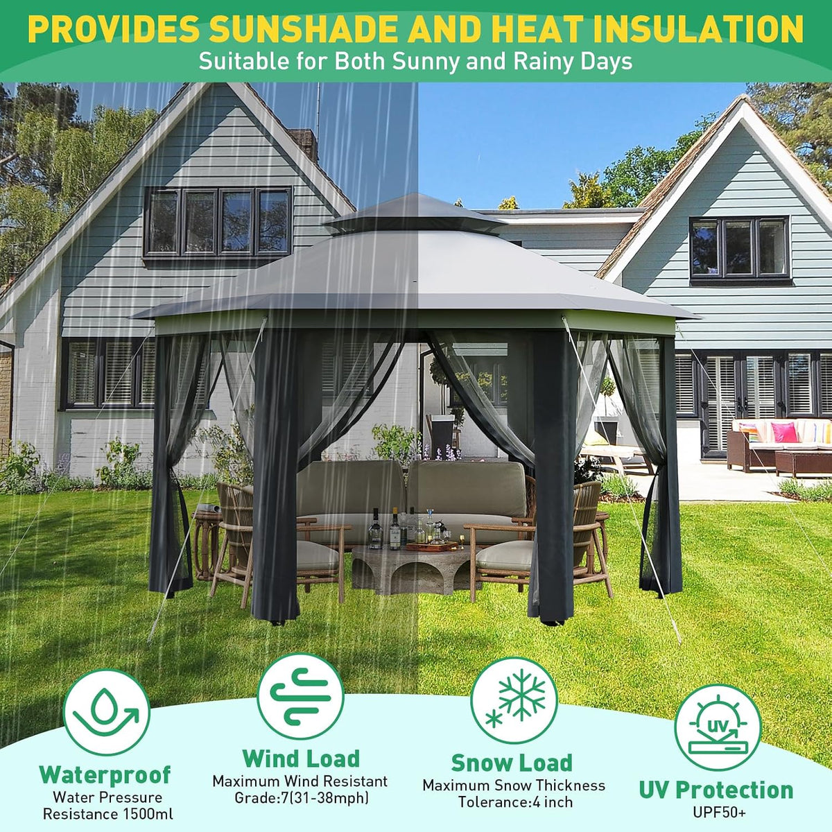 13' x 13' Pop-Up Gazebo, Hexagonal Canopy Shelter with 6 Zippered Mesh Netting, Event Tent with Strong Steel Frame for Backyard, Garden, Lawn, Dark Grey and Light Grey